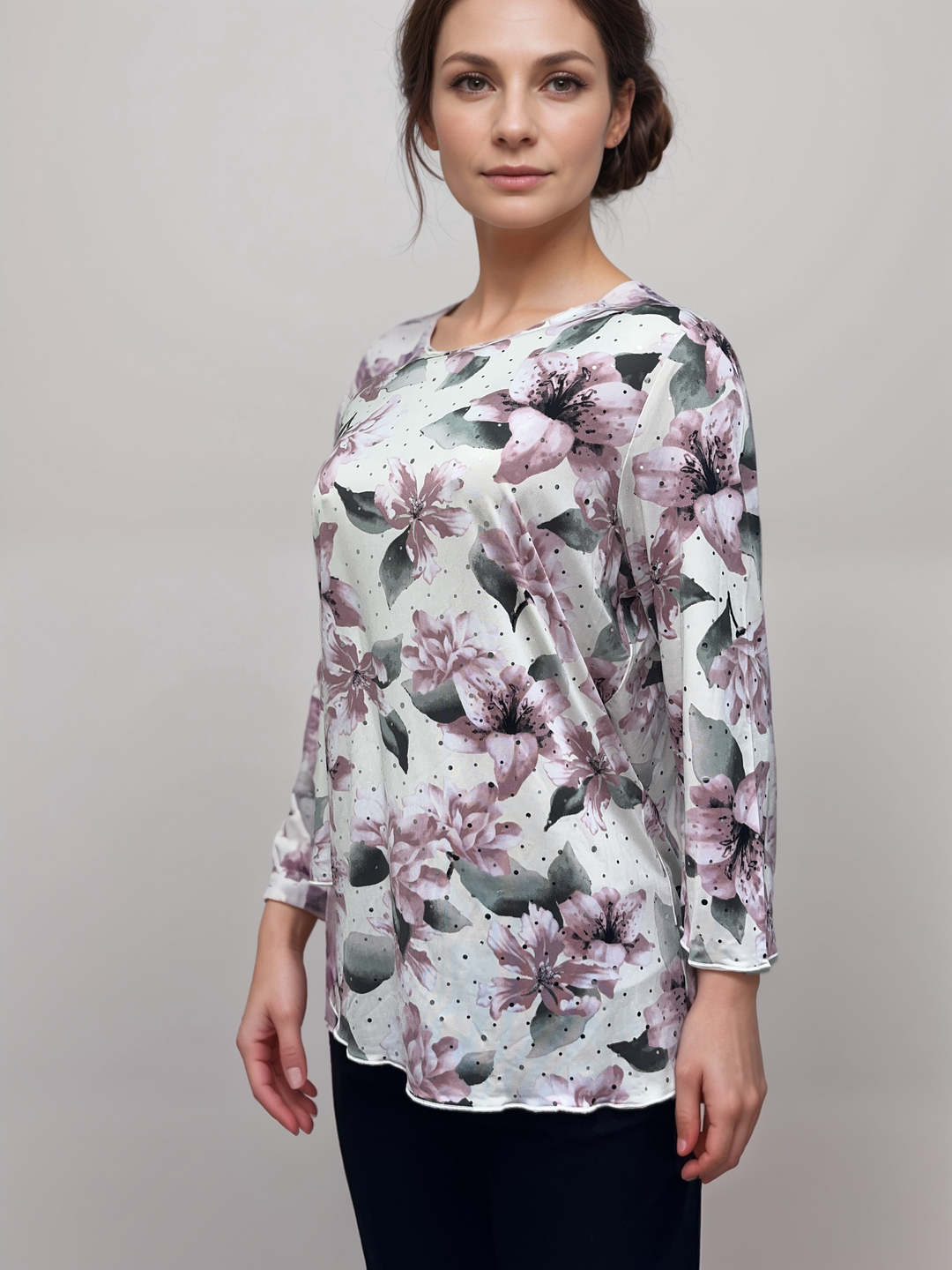 Soft Pink and Green - Floral Print Long-Sleeve Top