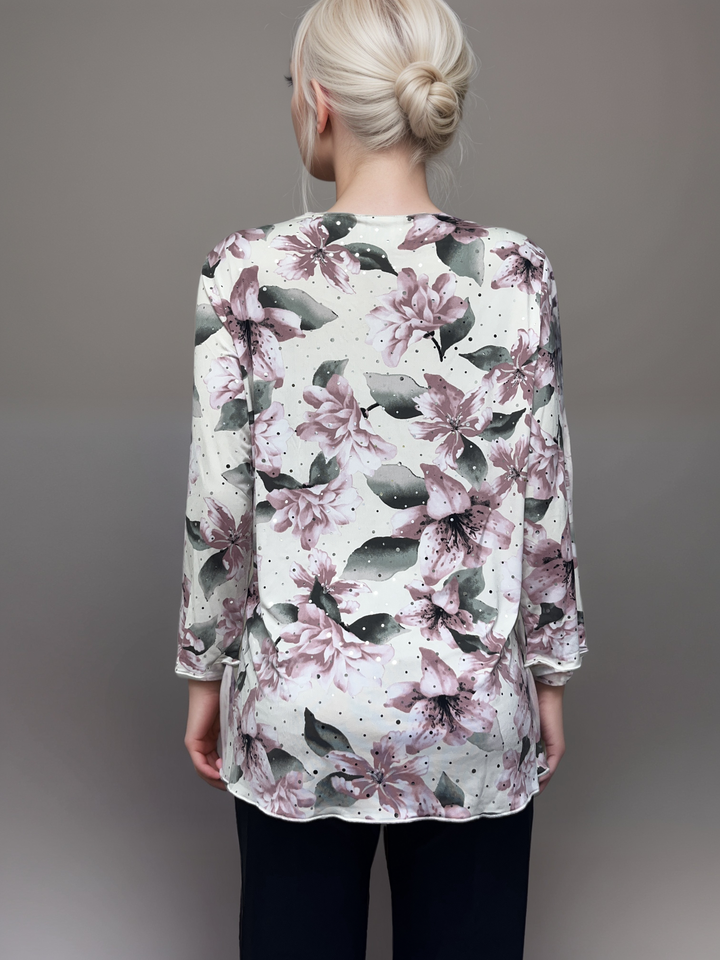 Soft Pink and Green - Floral Print Long-Sleeve Top