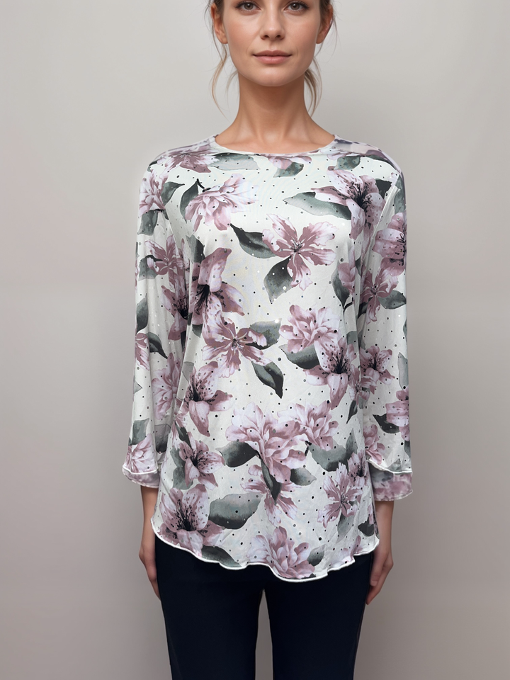 Soft Pink and Green - Floral Print Long-Sleeve Top