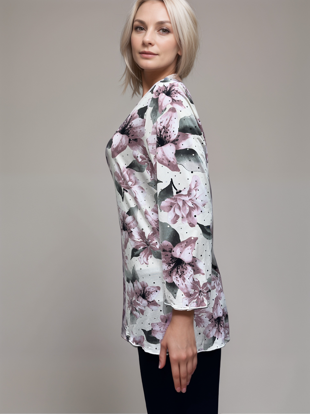 Soft Pink and Green - Floral Print Long-Sleeve Top