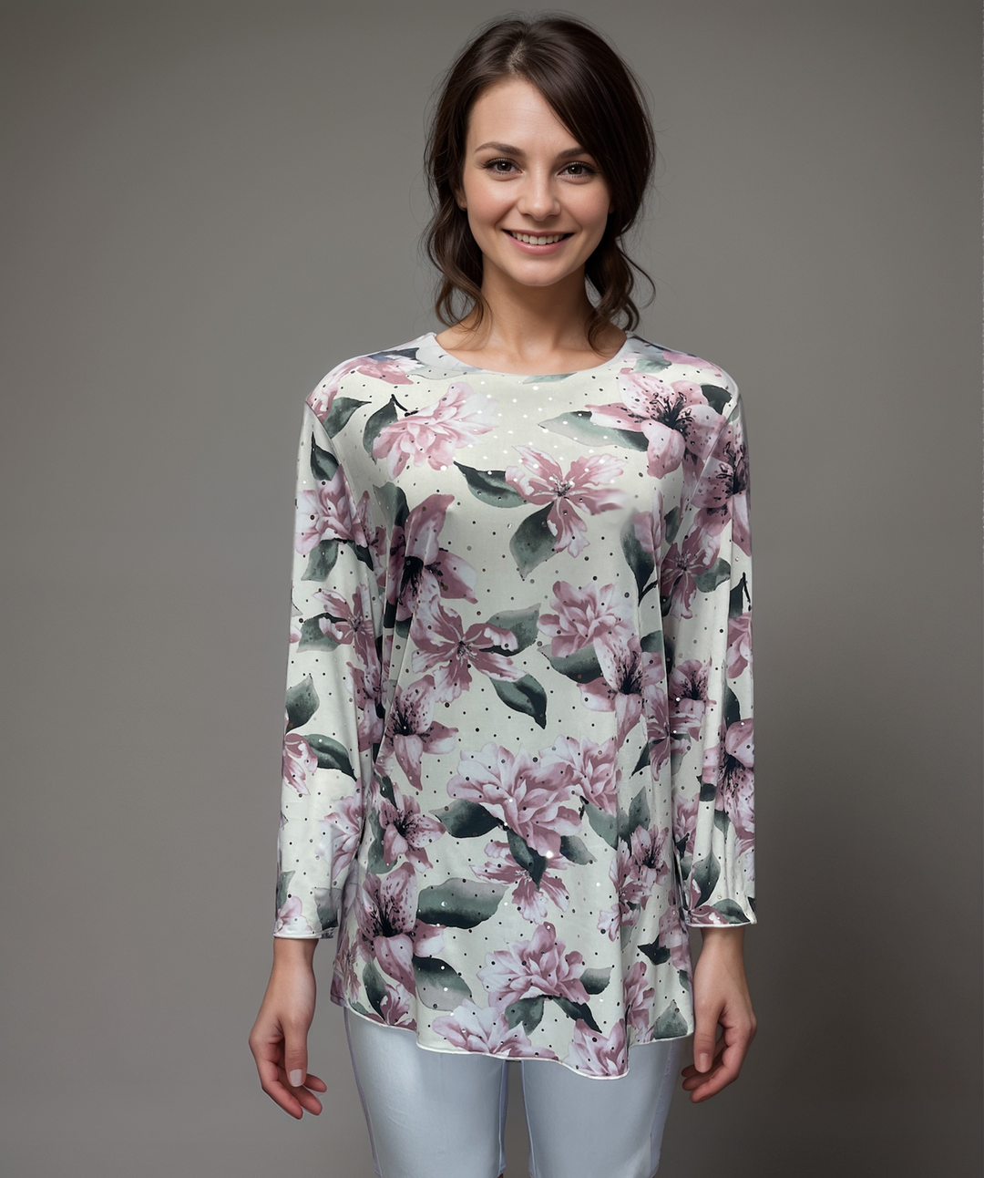 Soft Pink and Green - Floral Print Long-Sleeve Top