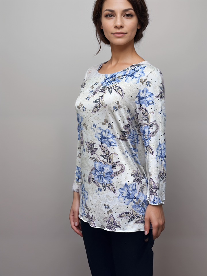 Blue and Lavender Accents - Floral Paisley Long-Sleeve Top