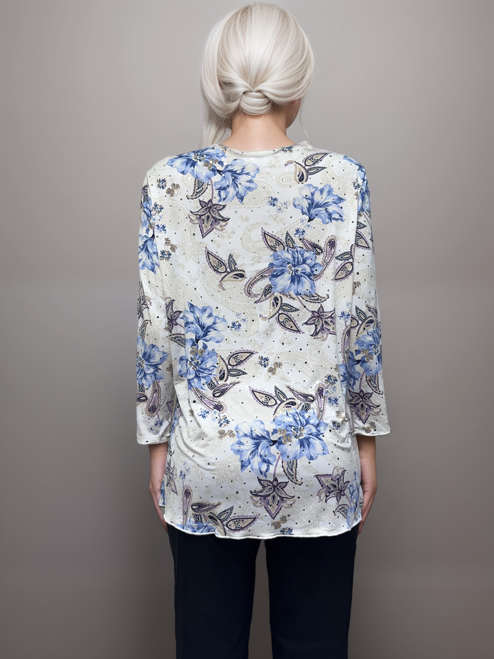 Blue and Lavender Accents - Floral Paisley Long-Sleeve Top