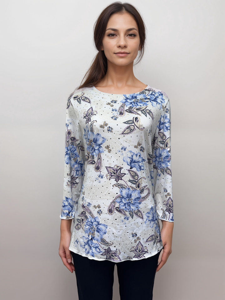 Blue and Lavender Accents - Floral Paisley Long-Sleeve Top