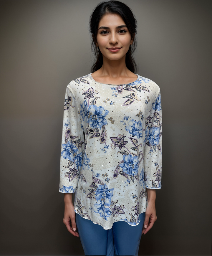 Blue and Lavender Accents - Floral Paisley Long-Sleeve Top