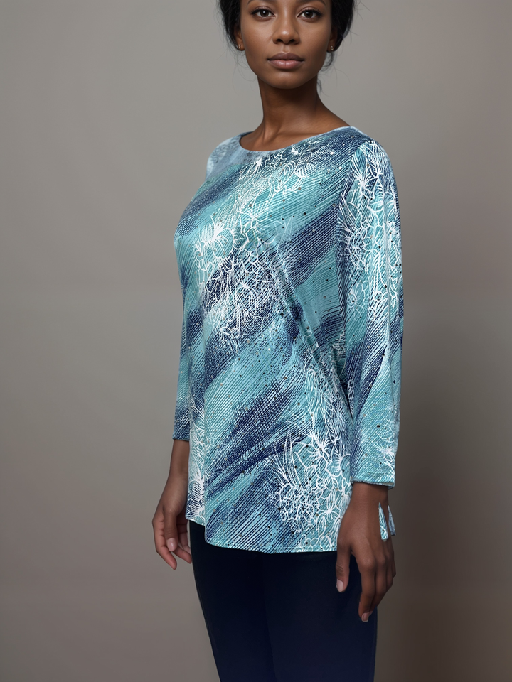 Aqua and Navy Swirl - Abstract Floral Long-Sleeve Top