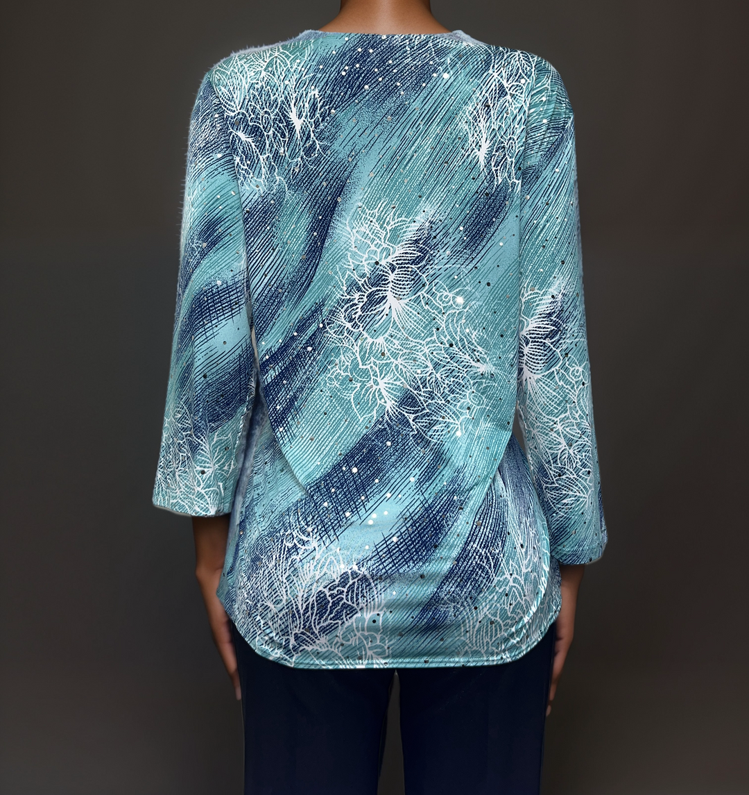 Aqua and Navy Swirl - Abstract Floral Long-Sleeve Top