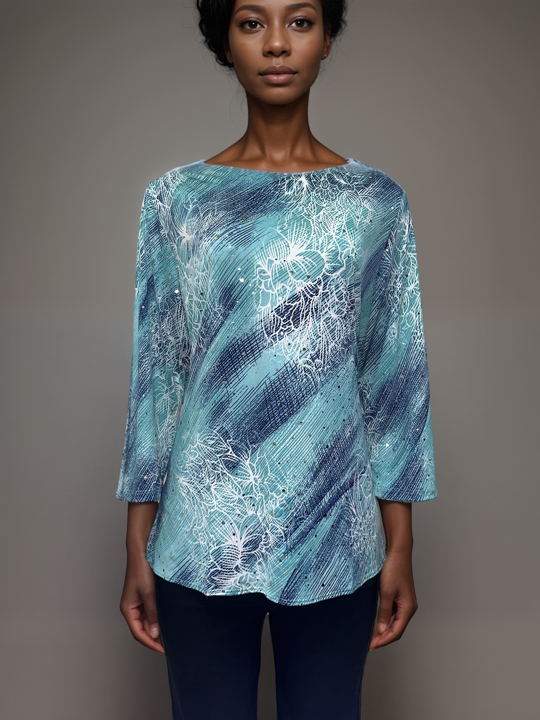 Aqua and Navy Swirl - Abstract Floral Long-Sleeve Top