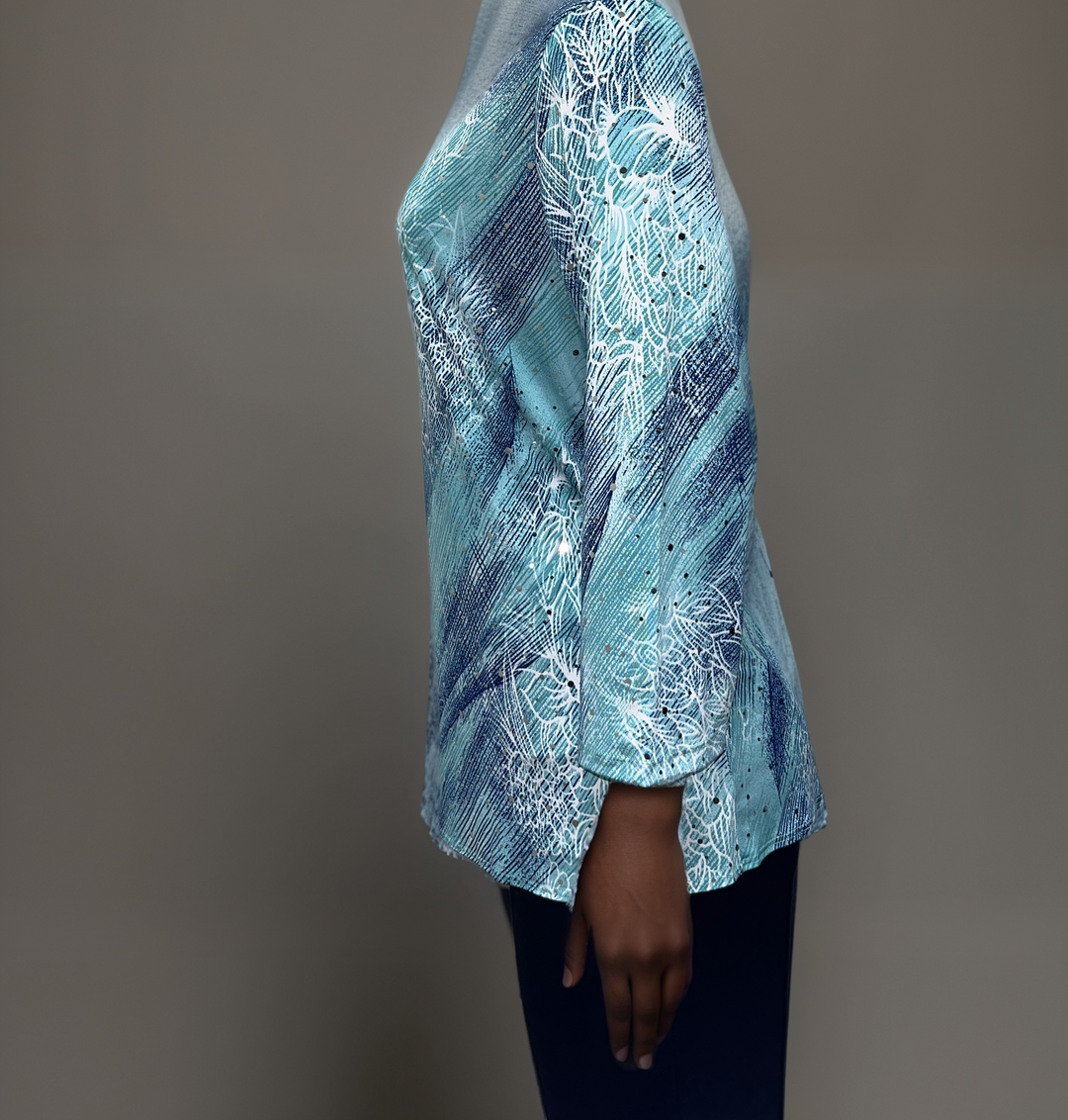 Aqua and Navy Swirl - Abstract Floral Long-Sleeve Top