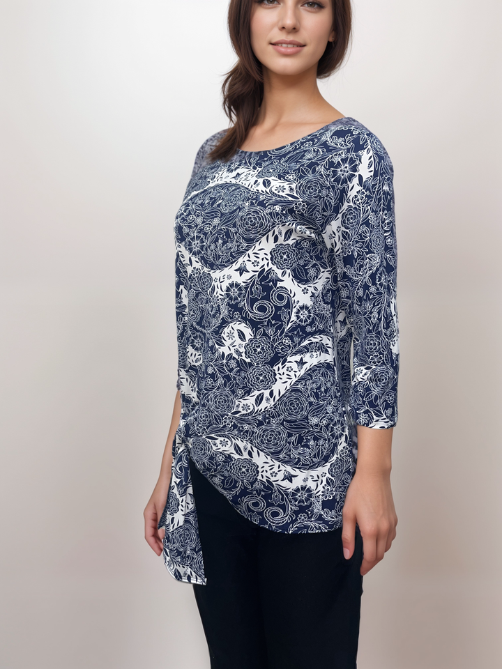 Navy Floral Asymmetrical Top with Tie Accent