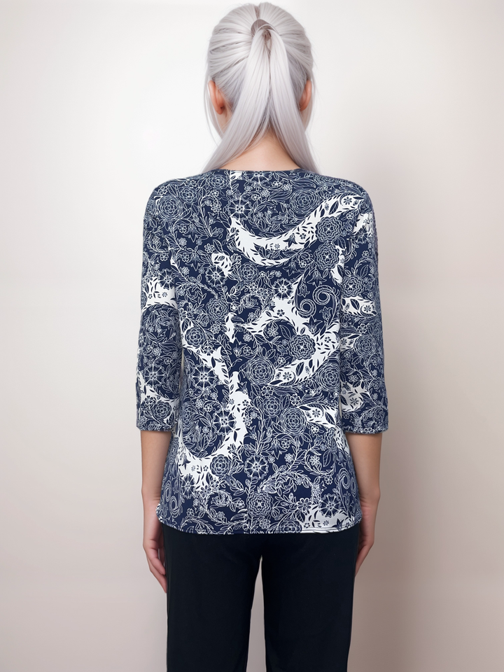 Navy Floral Asymmetrical Top with Tie Accent