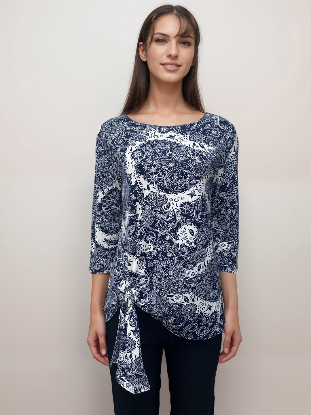 Navy Floral Asymmetrical Top with Tie Accent