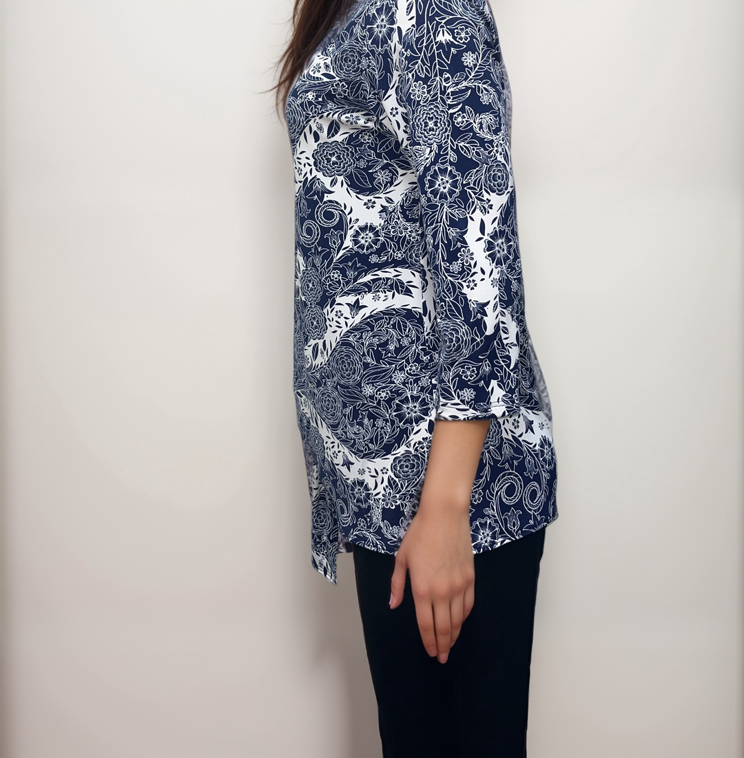 Navy Floral Asymmetrical Top with Tie Accent