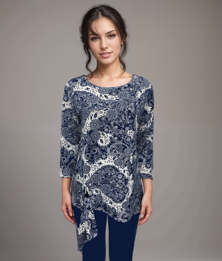 Navy Floral Asymmetrical Top with Tie Accent