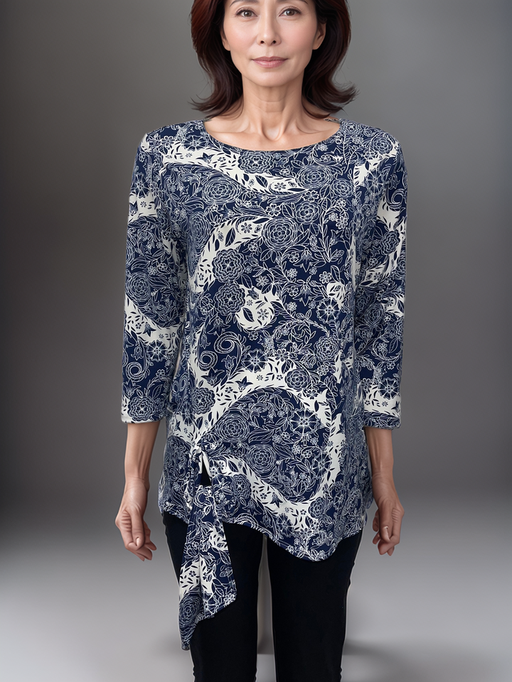 Navy Floral Asymmetrical Top with Tie Accent