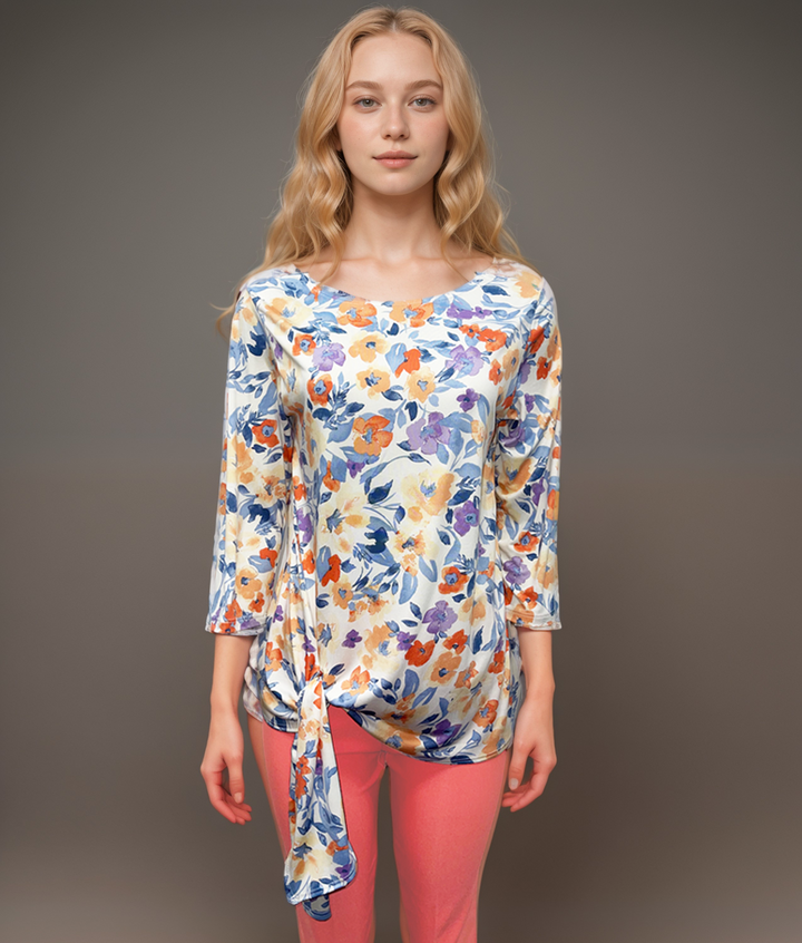 Floral Asymmetrical Tie-Front Top