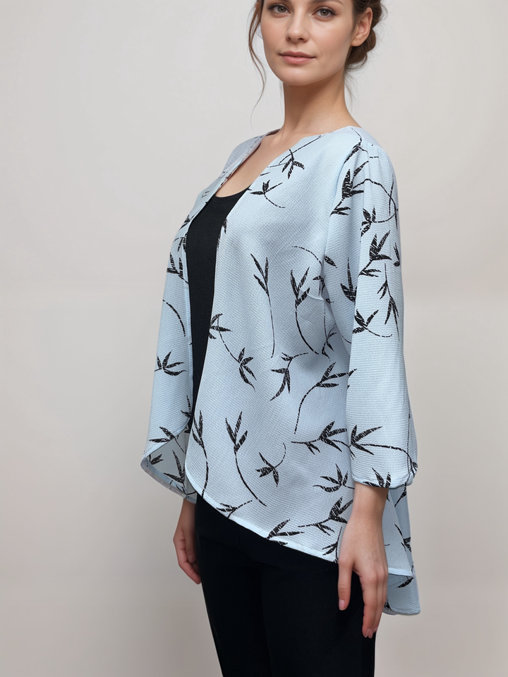 Breezy Leaf Print Draped Top - Sky Blue