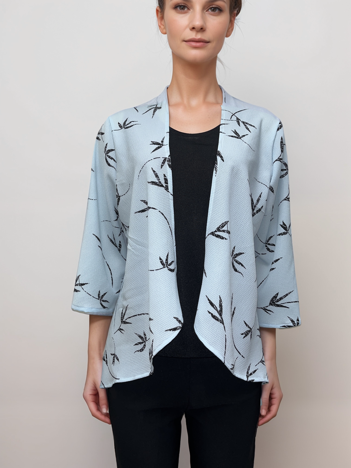 Breezy Leaf Print Draped Top - Sky Blue