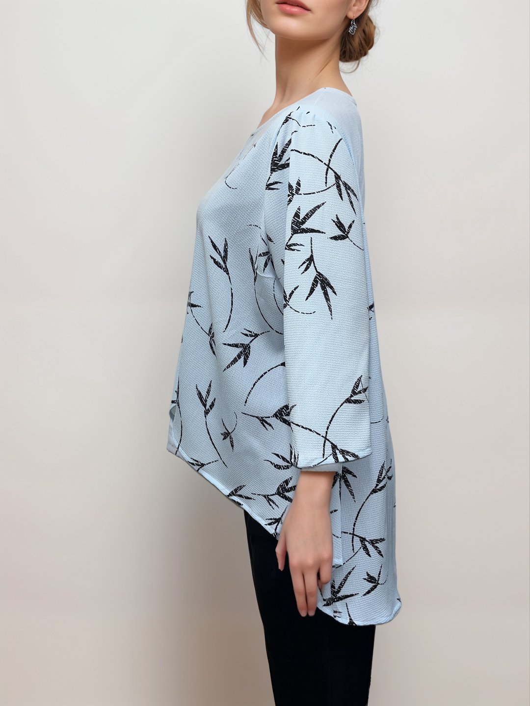 Breezy Leaf Print Draped Top - Sky Blue