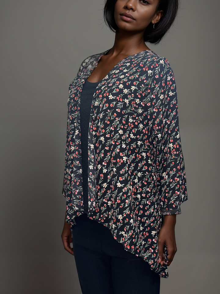 Floral Print Open-Front Cardigan - Black with Red and White Flowers