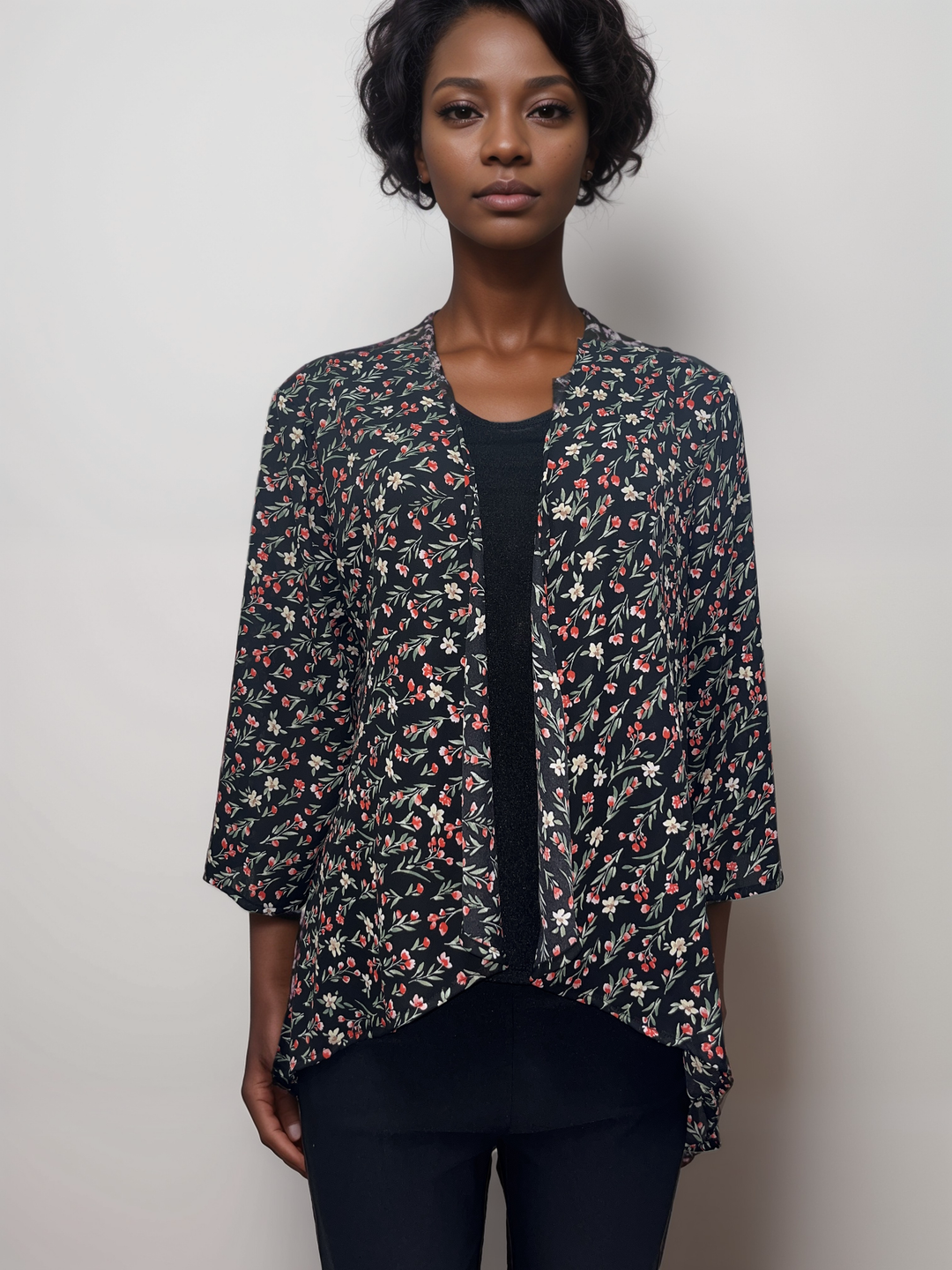 Floral Print Open-Front Cardigan - Black with Red and White Flowers