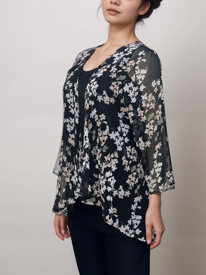 Floral Sheer Cardigan - Black with Soft Pastel Flowers