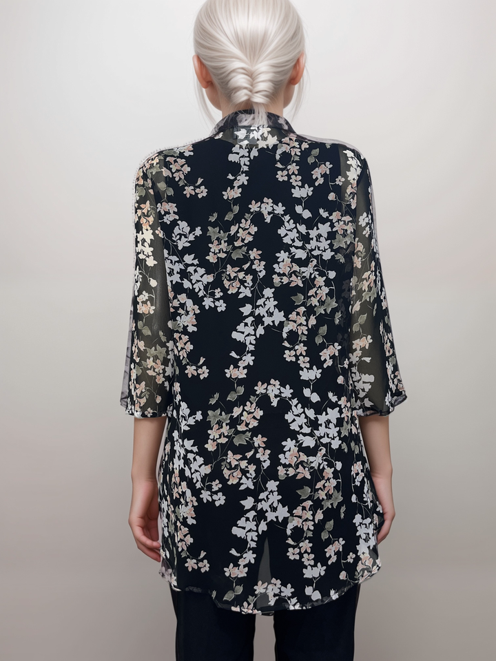 Floral Sheer Cardigan - Black with Soft Pastel Flowers