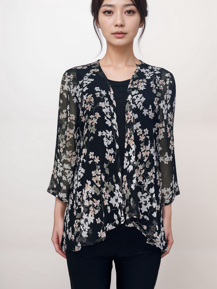 Floral Sheer Cardigan - Black with Soft Pastel Flowers