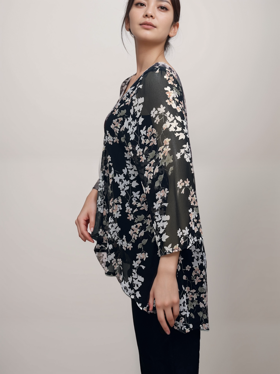 Floral Sheer Cardigan - Black with Soft Pastel Flowers