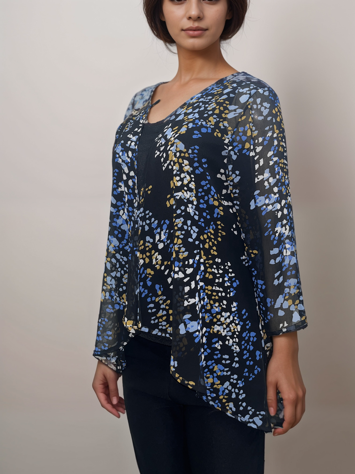 Abstract Print Sheer Cardigan - Black with Blue and Gold Accents