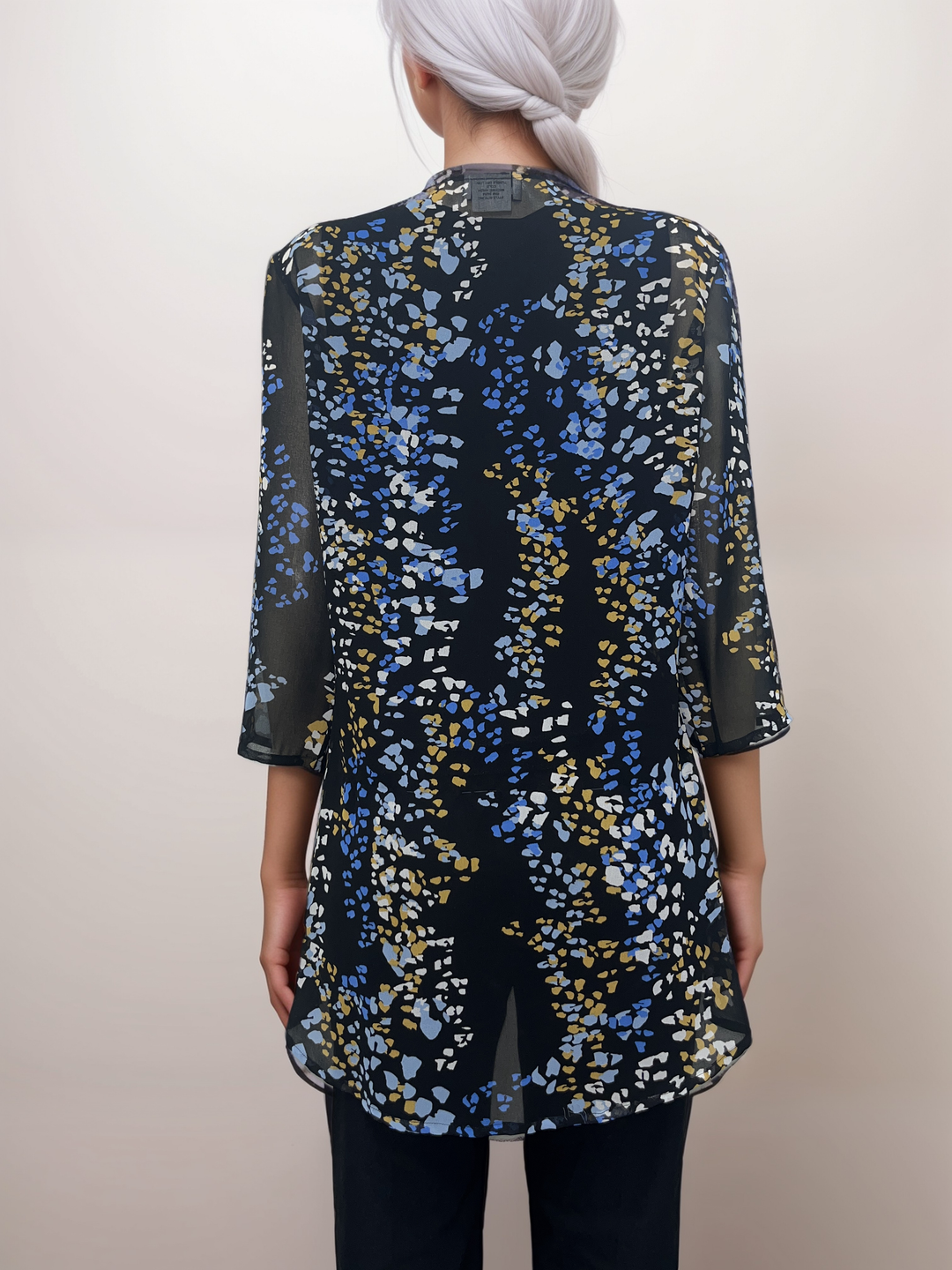 Abstract Print Sheer Cardigan - Black with Blue and Gold Accents