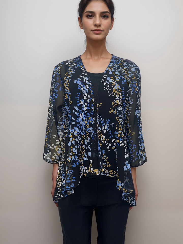 Abstract Print Sheer Cardigan - Black with Blue and Gold Accents