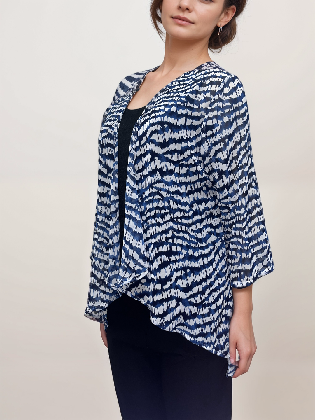 Abstract Wave Print Sheer Cardigan - Navy and White