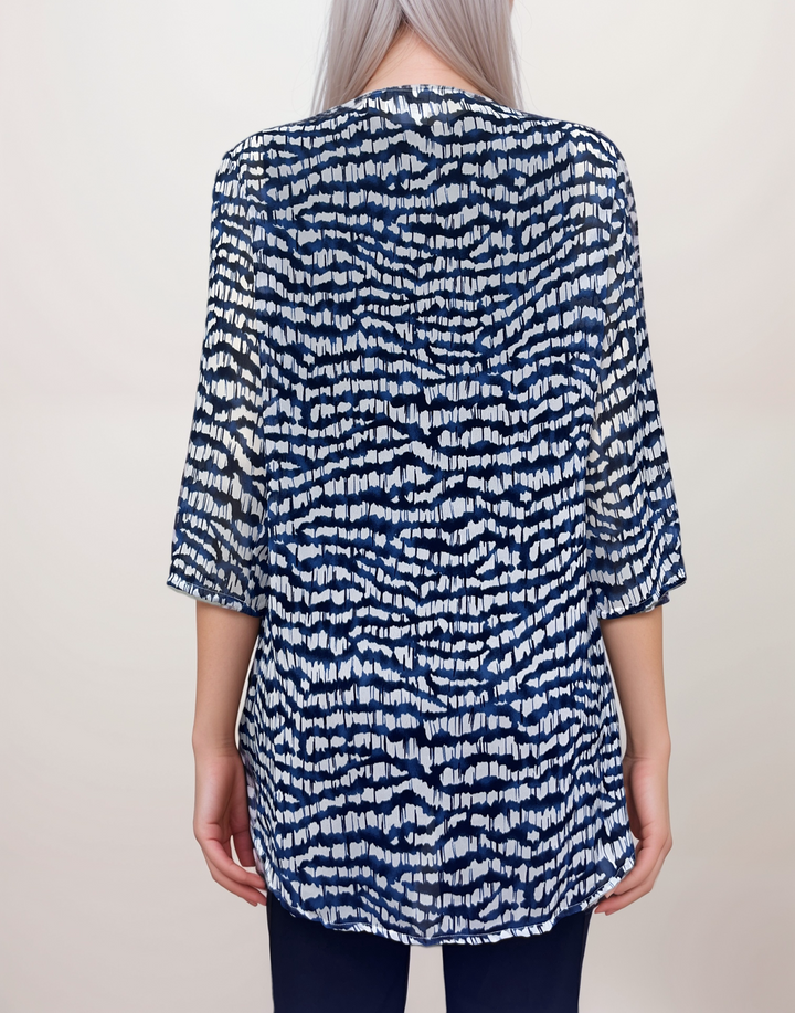 Abstract Wave Print Sheer Cardigan - Navy and White