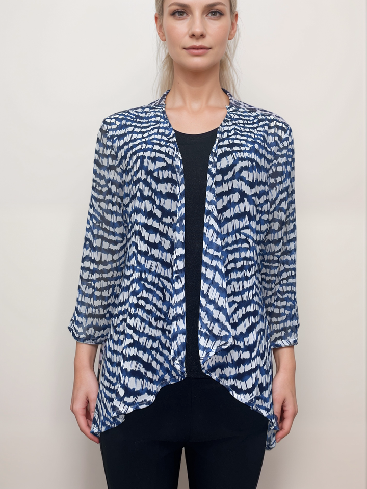 Abstract Wave Print Sheer Cardigan - Navy and White