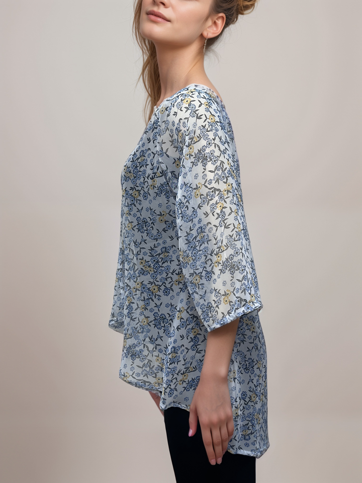 Blue Floral Sheer Drape Cardigan