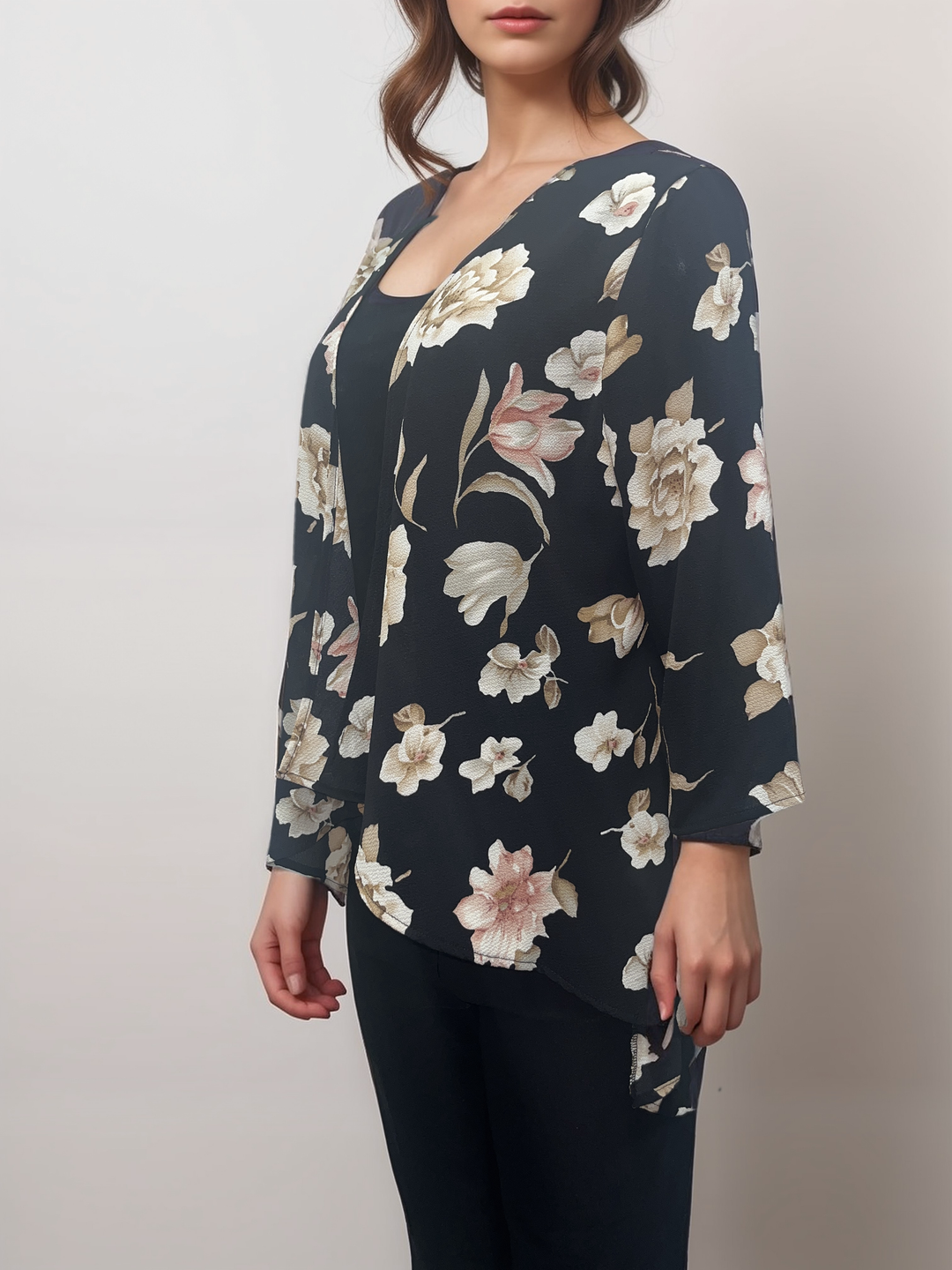 Classic Black Floral Kimono Cardigan