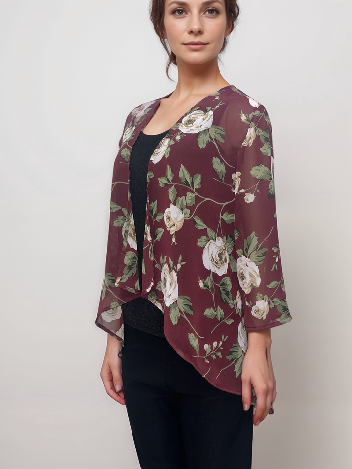 Burgundy Floral Print Drape Cardigan