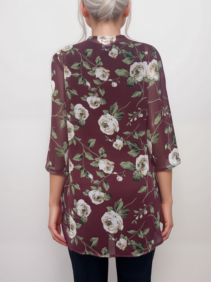 Burgundy Floral Print Drape Cardigan