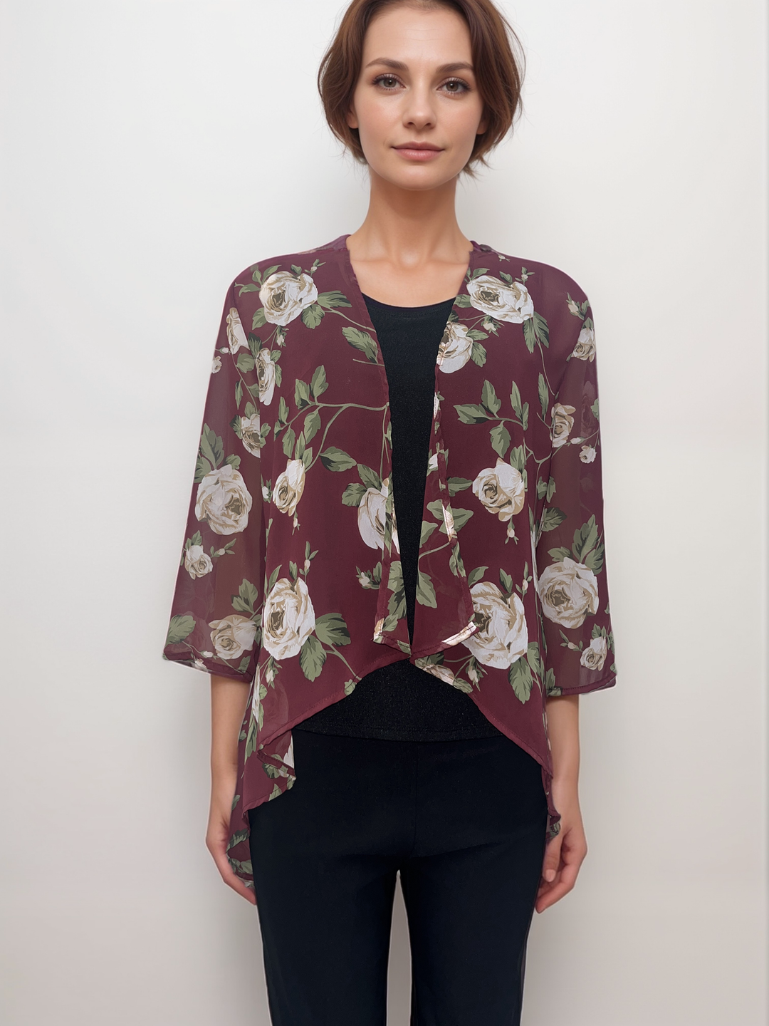 Burgundy Floral Print Drape Cardigan