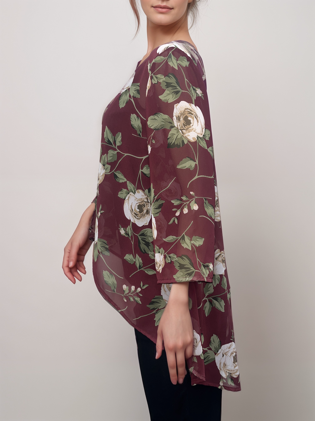 Burgundy Floral Print Drape Cardigan