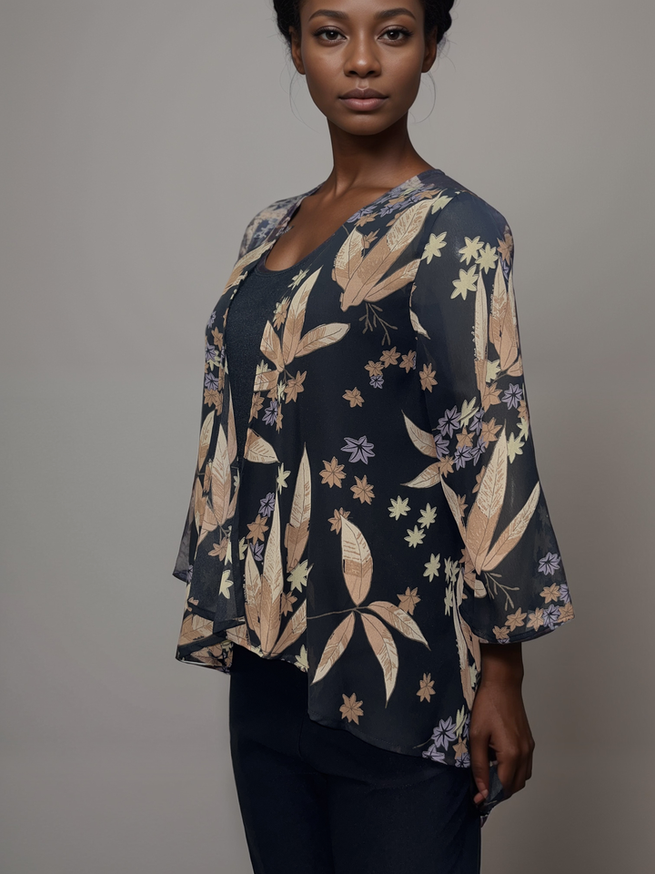 Botanical Print Sheer Cardigan - Black with Earthy Tones