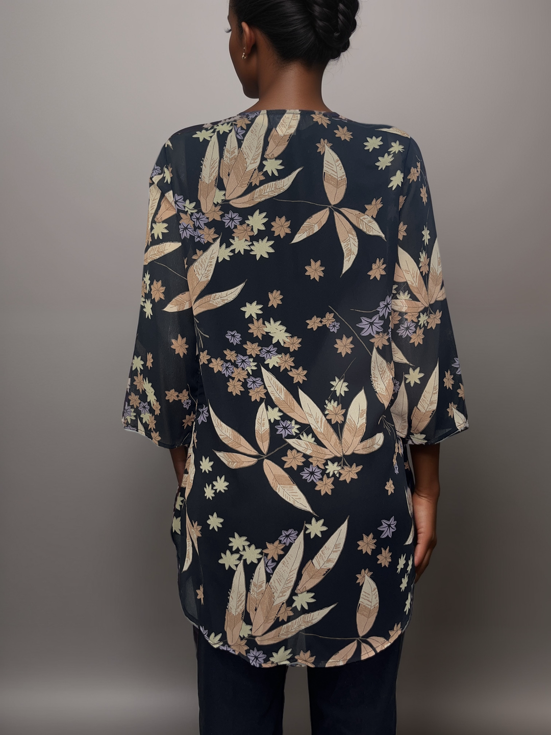 Botanical Print Sheer Cardigan - Black with Earthy Tones