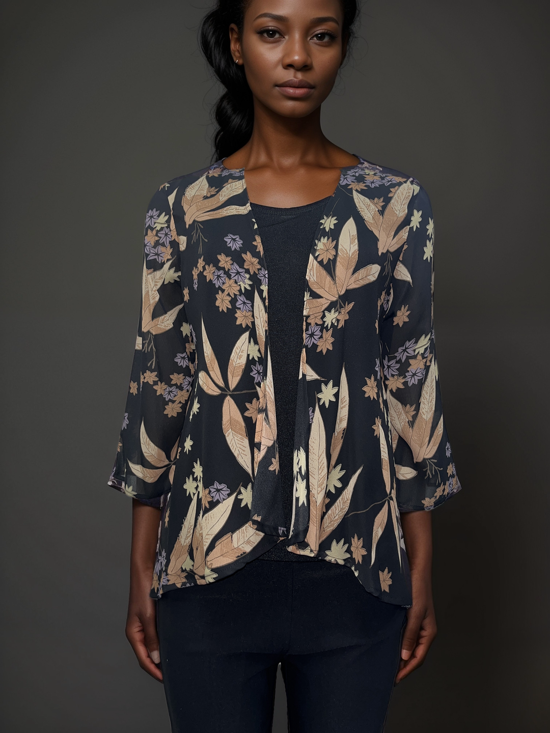 Botanical Print Sheer Cardigan - Black with Earthy Tones