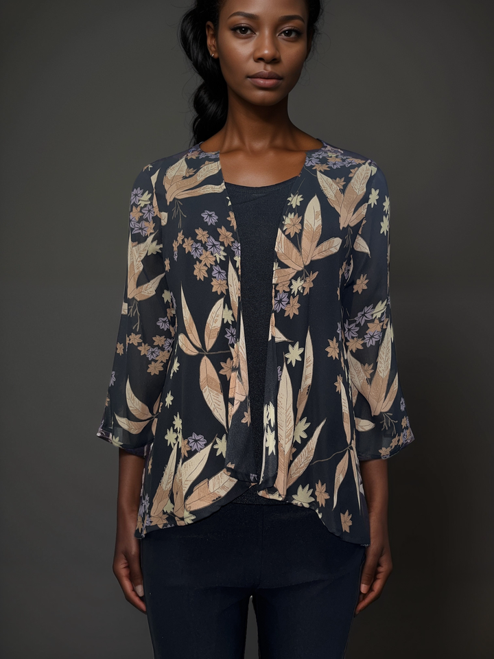 Botanical Print Sheer Cardigan - Black with Earthy Tones