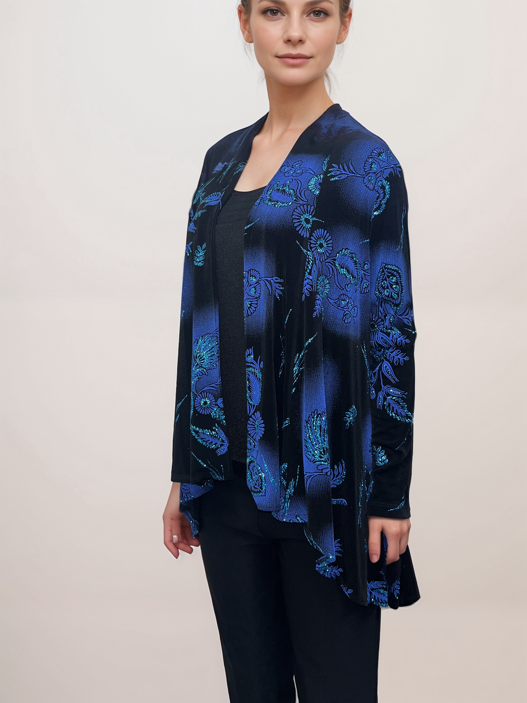 Floral Velvet Drape Cardigan - Midnight Blue