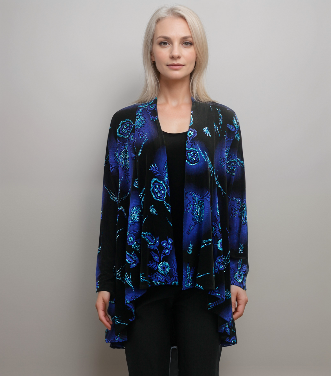 Floral Velvet Drape Cardigan - Midnight Blue