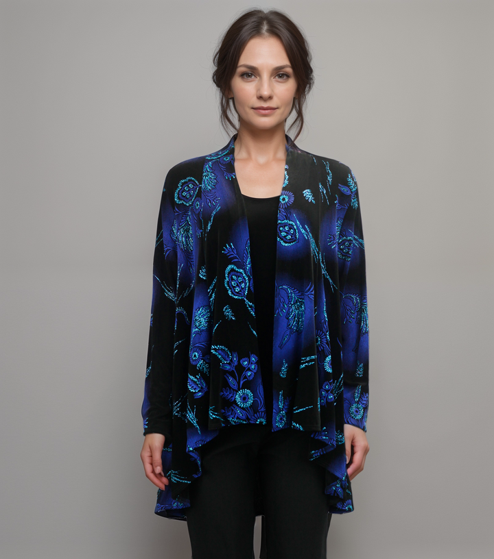 Floral Velvet Drape Cardigan - Midnight Blue