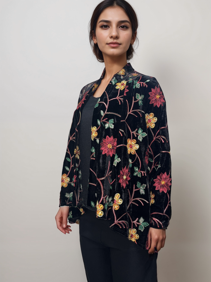 Embroidered Floral Velvet Cardigan - Black Multicolor