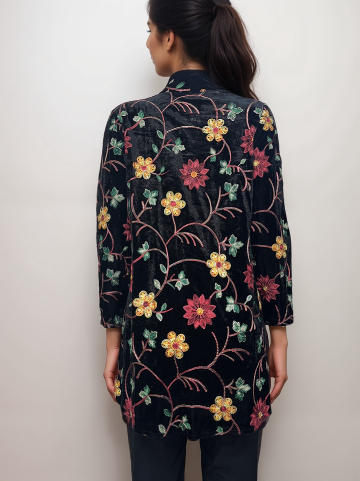 Embroidered Floral Velvet Cardigan - Black Multicolor